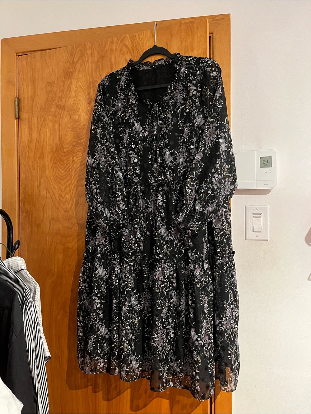 Black Floral Tiered Long-Sleeve Ruffle Dress